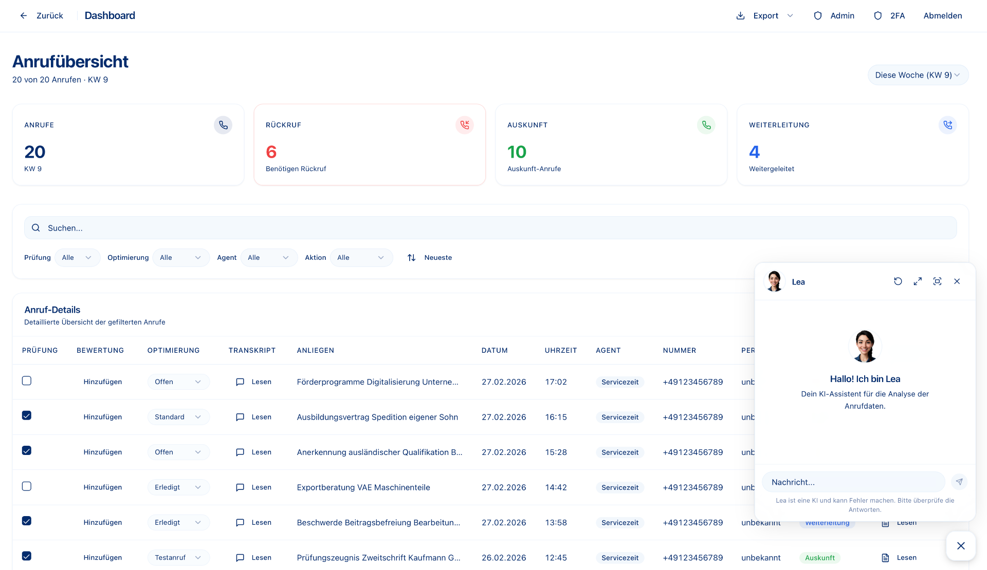 Live-Dashboard mit Anrufliste, Status und Lea-Chat